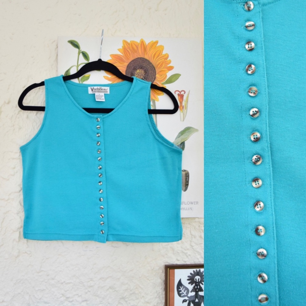 90s teal blue green button front baby tee crop top (XS)